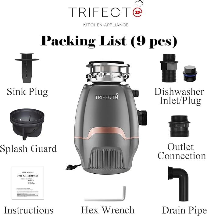 Trifecte Pro 3/4 HP Garbage Disposals with Sound Reduction,Food Waste Coutinuous Feed Garbage Disposal with Power Cord, Dishwasher Hook Up