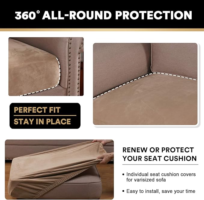 PrinceDeco Super Soft Couch Cushion Covers for Sectional Couch, Velvet Sofa Slipcover for Cushion Sofa pet Friendly with Elastic Bottom(Each Width Up to 29.5