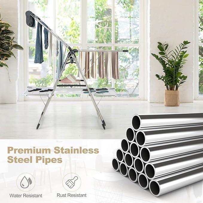 Tangkula Foldable Clothes Drying Rack, 2-Tier Laundry Drying Rack w/Tall Hanging Bar, Height Adjustable Gullwing, Freestanding Garment Stand for Indoor Outdoor Use