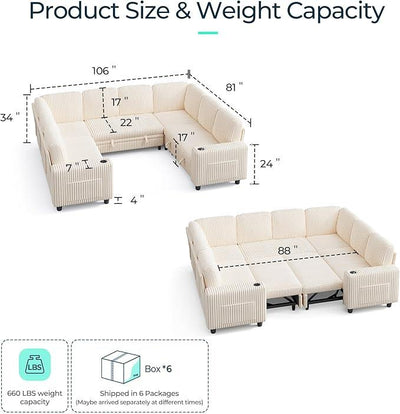 LINSY HOME Sectional Sleeper Sofa with Pull Out Couch Bed - Convertible Plush Corduroy Cloud Couch with Storage Chaise & USB Charging, Comfy Modular Couches for Living Room, Beige