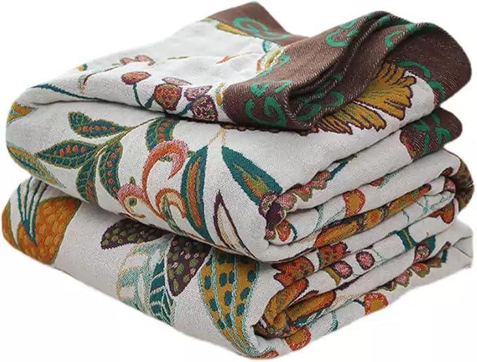 Boho Throw Blanket for Couch Sofa Bed, 100% Cotton Woven Quilt with Tassel 60”x80”, Super Soft Muslin Blanket with Floral Printed, Decorative Reversible Bed Blanket/Cover for All Seasons