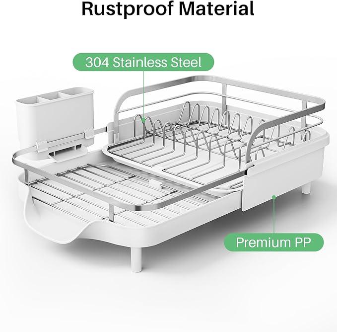 Dish Drying Rack, Expandable Dish Rack for Kitchen Counter, Stainless Steel Dish Drainer with Drainboard Set and Utensil Holder (White)
