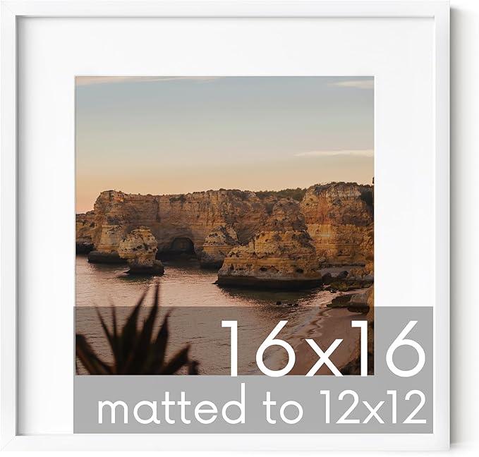 HAUS AND HUES 16x16 White Metal Picture Frame Matted to 12x12 - Features Premium Aluminum & Hanging Hardware, Shatterproof Plexiglass - Ideal for Home, Room, Office (16x16 in, White, Set of 1)