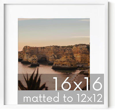 HAUS AND HUES 16x16 White Metal Picture Frame Matted to 12x12 - Features Premium Aluminum & Hanging Hardware, Shatterproof Plexiglass - Ideal for Home, Room, Office (16x16 in, White, Set of 1)