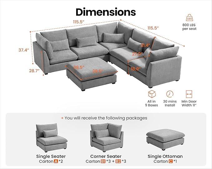 Oversized Modular Sofa, Extra Deep Cloud Chenille Sectional Couch with Ottoman Chaise, Fluffy Chenille Corner V Shape Sofa for Living Room, Villa (Corner V Shape+Ottoman, Chenille Grey)