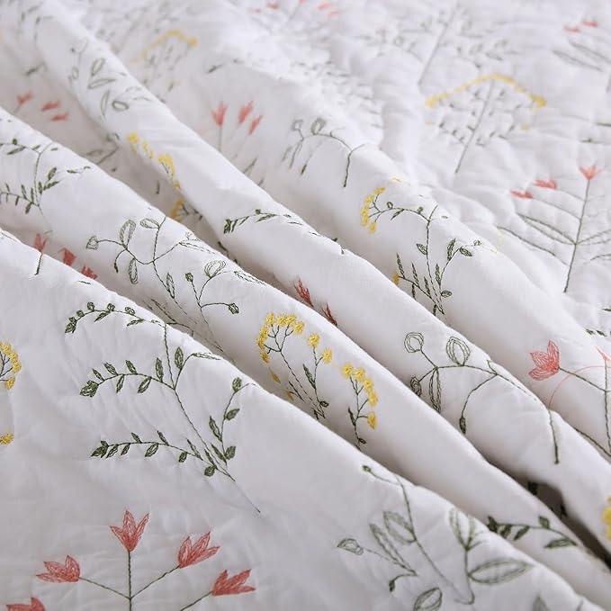 MarCielo 3-Piece 100% Cotton Oversized Bedspread Lightweight Quilt Coverlet Embroidery Farmhouse Bedding Set(TL Floral White,Oversized King (118