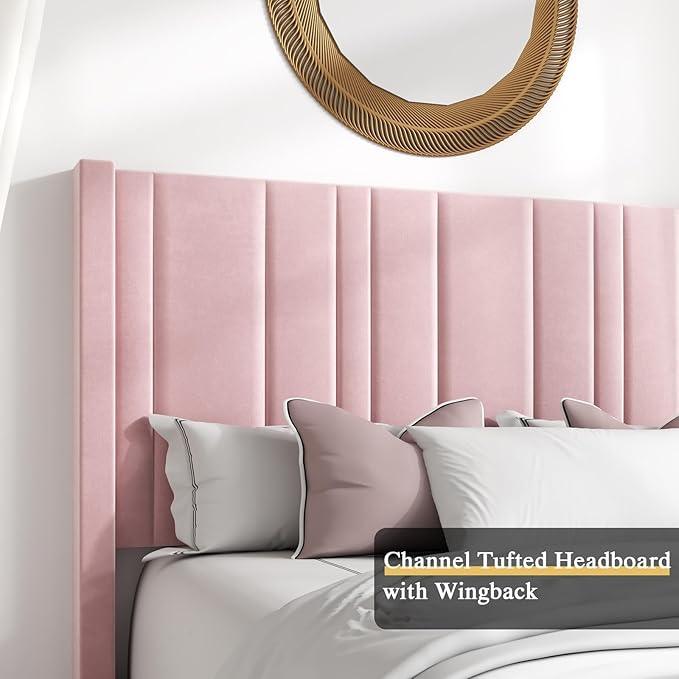 HOMBCK Queen Bed Frame Pink Upholstered Bed with Vertical Channel Tufted Headboard & 22