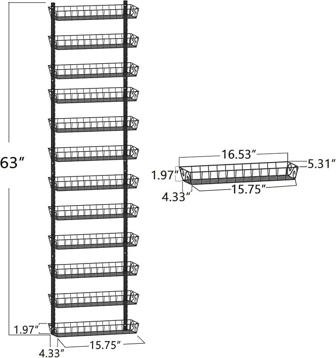 SWOMMOLY Adjustable Wall Mount Spice Rack Organizer, 12-Tier Dual-use (Multi-use) Hanging Spice Shelf Storage for Kitchen Pantry Cabinet Door, Seasoning Holder Organizer, Black