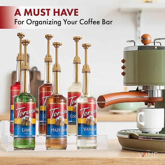 Acrylic Bottle Holder, Coffee Syrup Rack Display Case | 2-Tiered 6 Bottle | Wine Bar Bottle Rack, Clear Shelf Rack for Kitchen, Countertop, Fridge Pantry Storage Organizer - Wine, Soda, Cans, Liquor