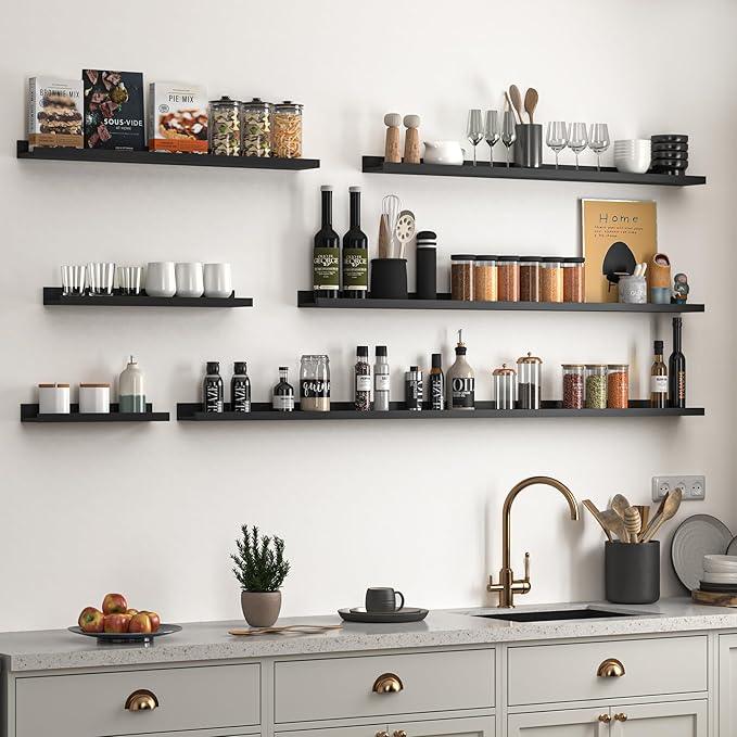 Heimlove Picture Ledge Shelf, Floating Shelves Set of 2, 56 Inches Picture Shelf for Wall with Ledge, Kids Bookshelf Wall Mounted for Living Room Bedroom Decor Books Photo Frames, Black