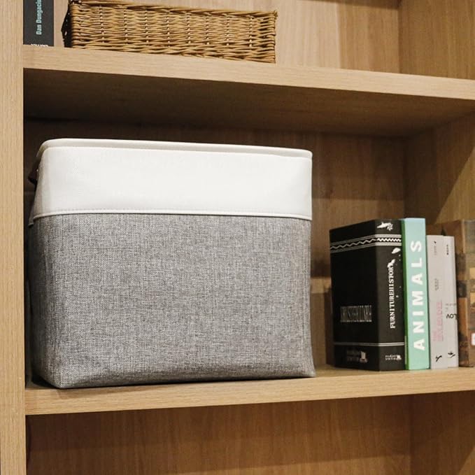Large Fabric Storage Baskets | 50L Storage Bins, Decorative Linen Closet Baskets with Handles for Organizing, Shelf, Toys, Clothes, Home, Office, Nursery, 17x12x15Inches (Grey&White)