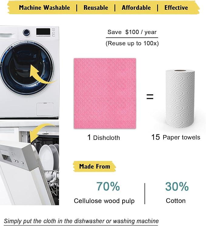 Swedish Dishcloths - 10 Pack Reusable Kitchen Dishcloths - Ultra Absorbent Dish Towels for Washing Dishes - Cellulose Sponge Cloth Cleaning Cloths - Pink