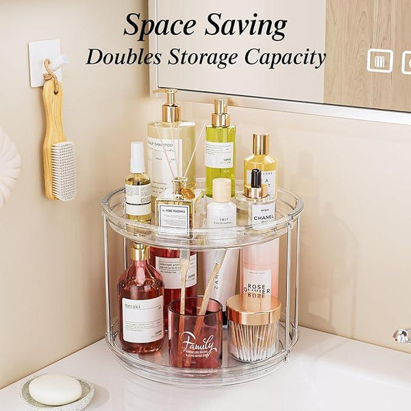 LAMU 10.6in Rotating Makeup Organizer for Vanity, 2 Tier Lazy Susan Turntable Stackable Spinning Skincare Organizer Cosmetic Perfume Tray for Bathroom Counter, Large Capacity, Clear
