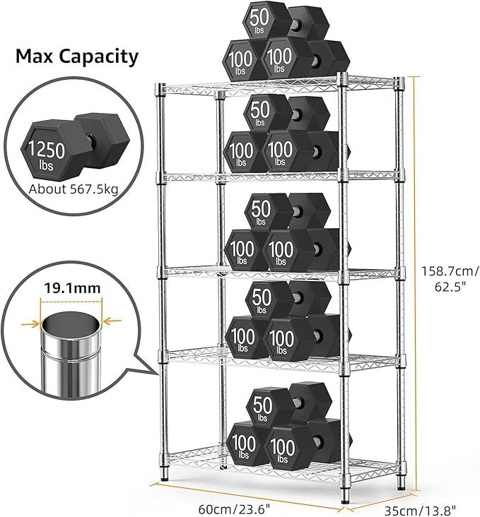 1250 lbs Steel Heavy Duty 5-Tier Utility Shelving Unit Steel Organizer Wire Rack for Home,Kitchen,Office,Chrome (13.7