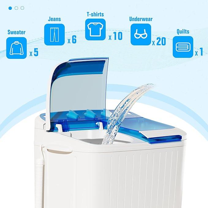 Pataku Portable Washing Machine, Compact Twin Tub Mini Washing Machine, 17.6 LBS Washer and Dryer Combo with Soaking Function, Semi-Automatic for Apartment, Dorms, RVs, Camping (White & Blue)