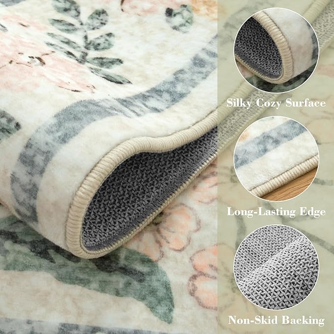 Wonnitar Round Washable Rug, Soft Floral Round Rugs 5ft Circle Carpets for Bedroom Ultra-Thin, Boho Beige Print Distressed Circular Carpet for Living Room Dorm Bedside