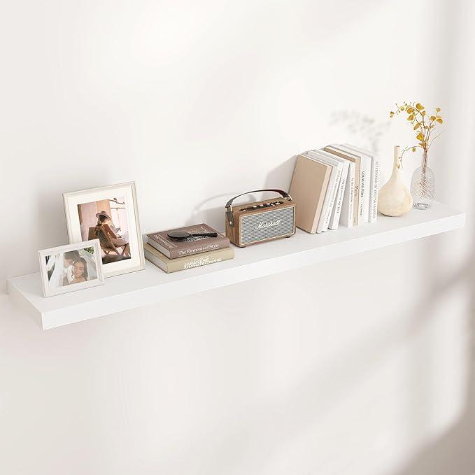 Floating Shelves for Wall, Large Wall Mounted Shelves with Invisible Brackets, Long Wood Floating Shelf for Living Room, Bedroom, Kitchen, (White, 55
