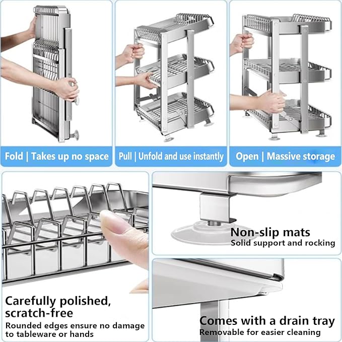 Dish Drying Rack with Drain Board - Rustproof Stainless Steel Dish Rack with Utensil Holder,Dish Racks for Kitchen Counter Over Sink,Over-Sink Drying Rack(Wall-Mounted,Second Floor)