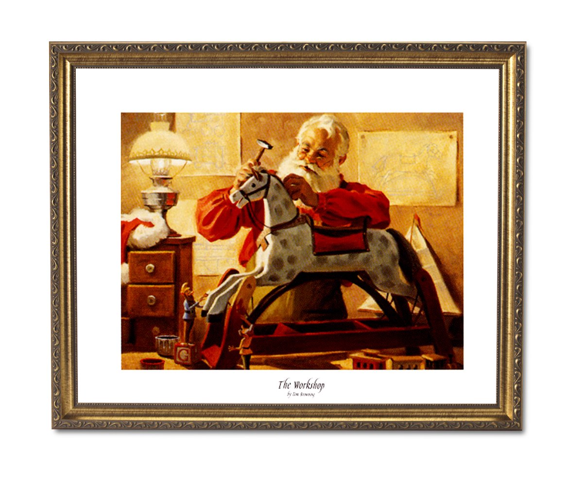 Christmas Art Print - Santa Claus Rocking Horse with Elves | Gold Frame 19x23