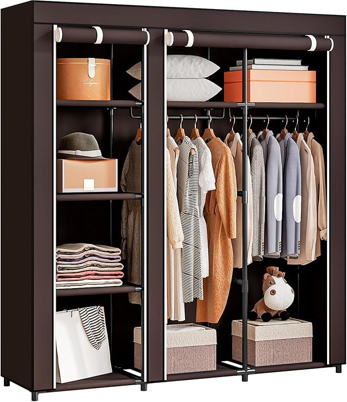 SORCEDAS Portable Wardrobe Closet Storage Organizer Metal Hanging Rack Non-Woven Fabric (Coffee, 51 Inch)