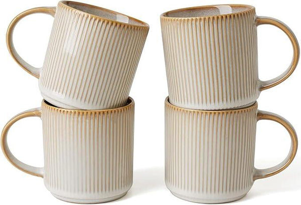 famiware Coffee Mug Set for 4, Star 12 oz Catering Mugs Cup Set with Handle for Coffee, Tea, Cocoa, Milk - Ceramic Stoneware Drinkware Set, Cappuccino White