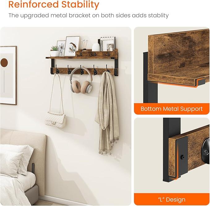 Homode Coat Rack with Shelf, Wall Shelf with Hooks, 26 Inch Long Coat Hanger Wall Mount with Key and Mail Holder, Wood Entryway Shelves for Hanging Hat Jacket Backpack Purse, Rustic Brown Black