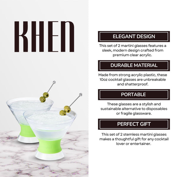 Khen Cooling Martini Glasses – Double-Wall Insulated 10 oz Cocktail Glasses with Frosted Base