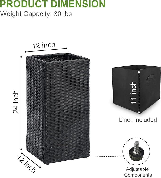 LEWIS&WAYNE Set of 2 Tall Planters for Outdoor Plants Handmade 24'' Wicker Tall Square Planter Box with Removable Liners Modern Planter for Indoor Outdoor Garden Patio Front Porch - Black