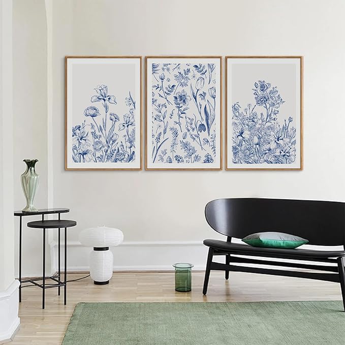 SIGNINART Classic Chinoiserie Framed Canvas Wall Art Set, Blue and White Floral Art Painting, Minimalist Botanical Flower Artwork, Navy Blue Wall Decor for Bedroom, Living Room, Office 16