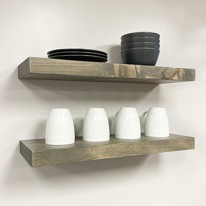 URBANDI, Rustic Floating Shelves, Set of 2, Hidden Bracket, Solid Wood, Heavy Duty, Wall Mounted Shelves, (Grey, 12Wx6D)