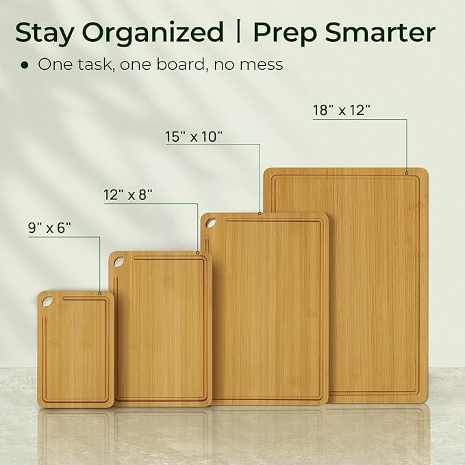 4-Pcs Natural Wood Cutting Board Set Kitchen Tools with Juice Groove, Wooden Chopping Board for Meat, Fruit, Vegetables & Cheese (Pre Oiled, Natural)