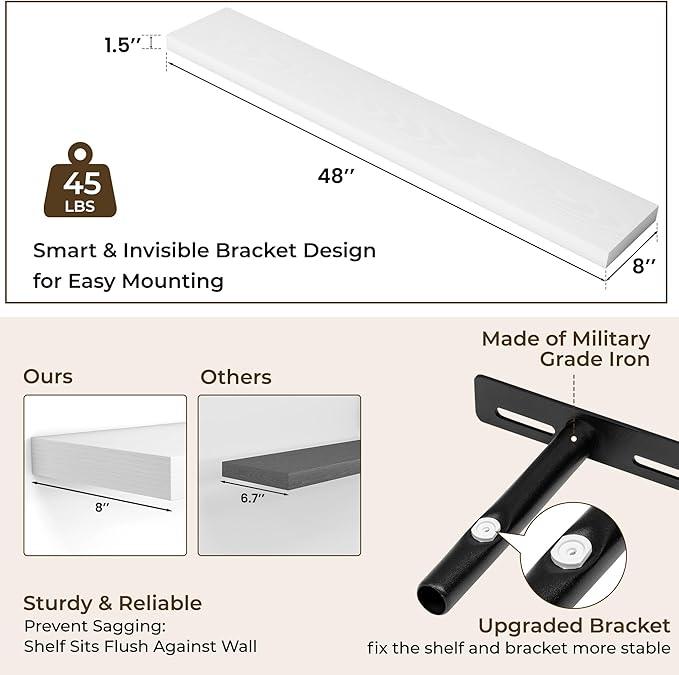 RICHFOCUS 48Inch Floating Shelves for Wall 2 Pack Shelves for Bedroom|Kitchen|Bathroom Wall Mounted Rustic Wood Floating Shelf with Invisible Brackets for Books|Storage|Decor, White