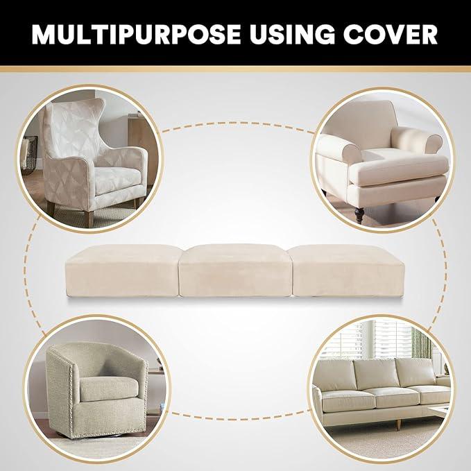 PrinceDeco Stretch Sofa Cushion Covers for Couches and Sofas,Soft Velvet Couch Seat Covers, Sofa Covers Washable, Seat Cushion Cover for 3 Couch Sofa Pet Friendly - Ivory, Each Width Up to 29.5