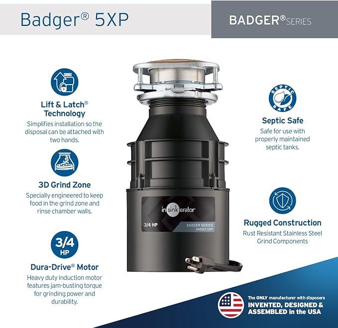 InSinkErator Badger 5XP Garbage Disposal with Power Cord, Standard Series 3/4 HP Continuous Feed Food Waste Disposer, Badger 5XP W/C