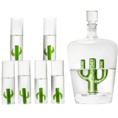 Tequila Decanter Set with Cactus Decanter and 6 Cactus Shot Glasses Set, Perfect for Holiday Gifts for Tequila Lovers, 25 Ounce Bottle, 3 Ounce Shot Glasses Cinco De Mayo, Reposado Gift (Cactus)