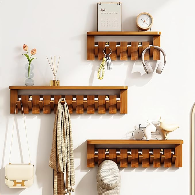Wall Mounted Piano Key Hanger | Flip Style Hook | Entrance Wall Art Hook, Made of Oak Wood (3 Times Painted, 4 Times Polished) (Tray Walnut, 12Hooks)