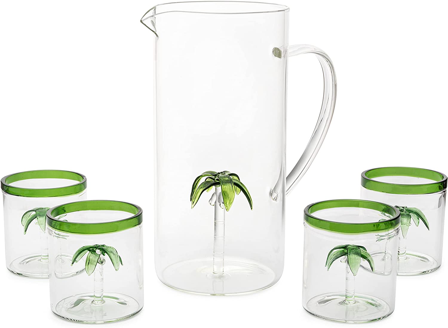 Palm Tree Pitcher & 4 Glasses Set Decanter with 4 Glasses 9oz by The Wine Savant - Elegant Glass Set, Great for Water Iced Tea, Sangria, Lemonade, and More! 1300ml 9