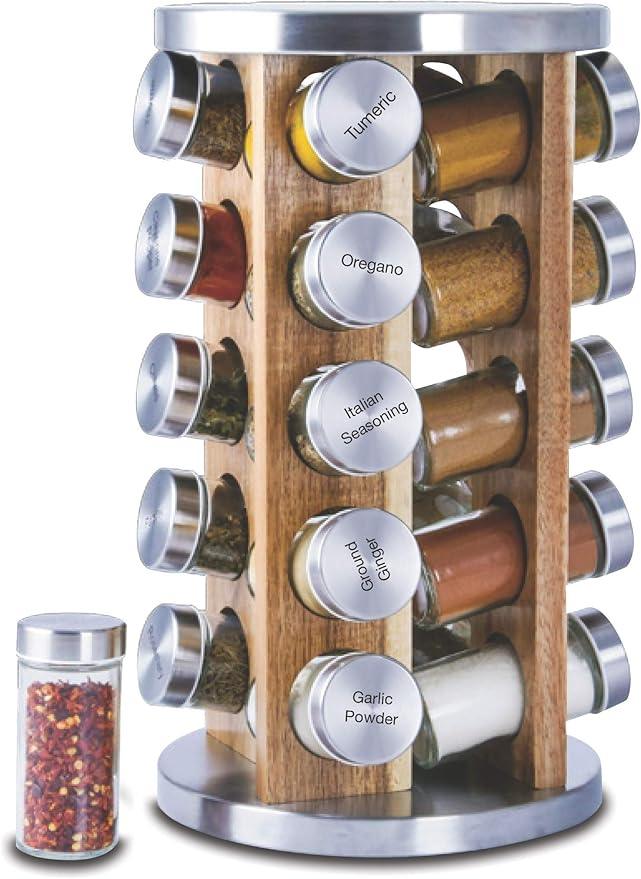 Orii 20 Jar Spice Rack with Spices Included - Tower Organizer for Kitchen Spices and Seasonings, (Natural Acacia Wood)