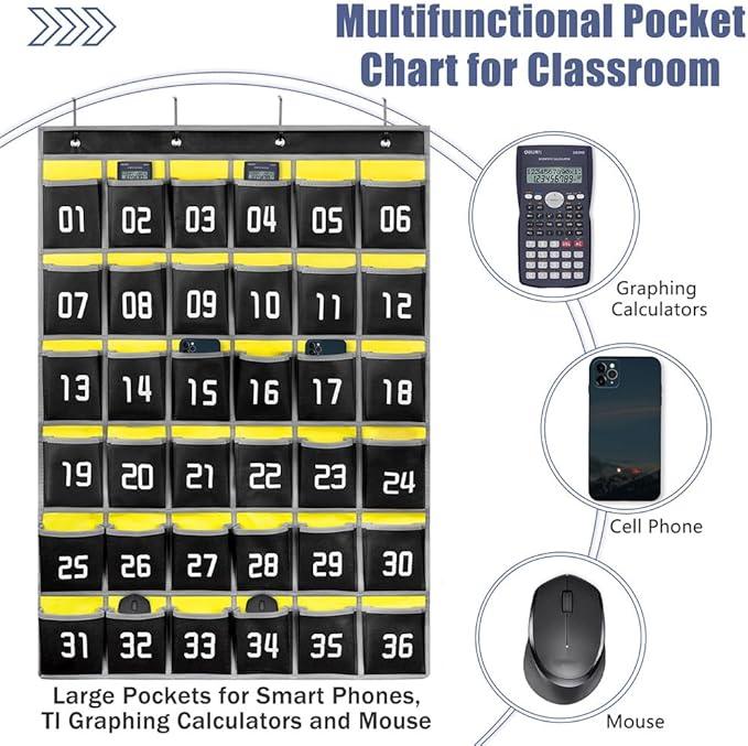 Loghot Classroom Accessories Closet Pocket Chart for Cell Phones Holder Wall Door Hanging Organizer (36 Pockets Black 2Pc)