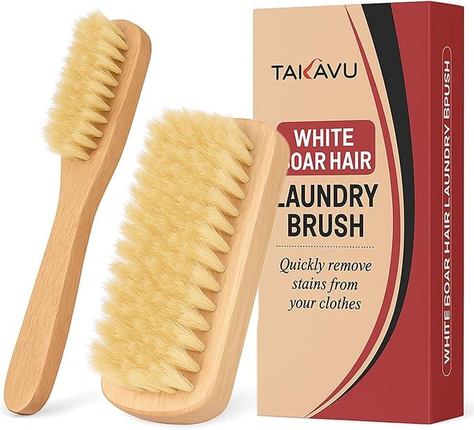 Boar Bristle Laundry Stain Brush Set by TAKAVU, Stiff Pure Boar Bristle for Scrubbing Out Tough Stains on Delicate Fabrics Knits Cotton Leather Washable Fabrics