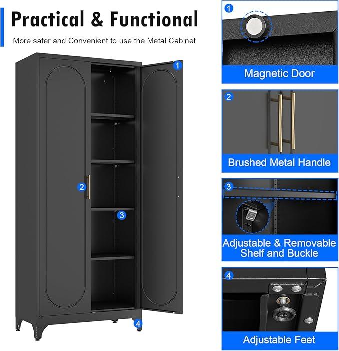 Pantry Cabinet, 75 Inch Tall Kitchen Storage Cabinet, Metal Pantry Cabinets with Doors and Adjustable Shelves, Black Freestanding Food Cupboard for Living, Dinning Room-Assembly Required