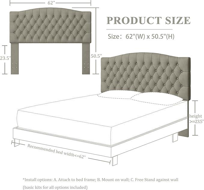 Velvet Upholstered Headboard Queen/Full Size Latest Model Wall Mount, Bed Frame Mount, Featuring High-Density Sponge Padding, Luxury Texture Easy Assembly Comfort and Style-Taupe