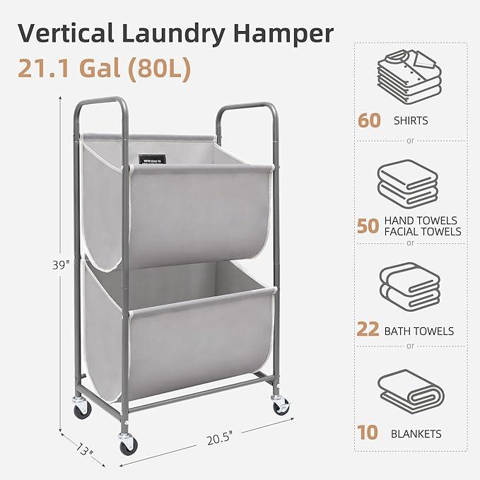 STORAGE MANIAC 80 Liters Vertical Rolling Laundry Hamper, 2 Section Laundry Sorter with Wheels and 2 Breaks, 2-tier Laundry Baskets for Small Space, Dorm, Laundry Room, Closet, Bathroom, Gray 2-tier