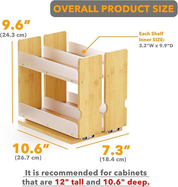 SpaceAid Bamboo Pull Out Spice Rack Organizer for Cabinet, Heavy Duty Slide Out Seasoning Kitchen Pantry Sliding Vertical Organization, 7.3