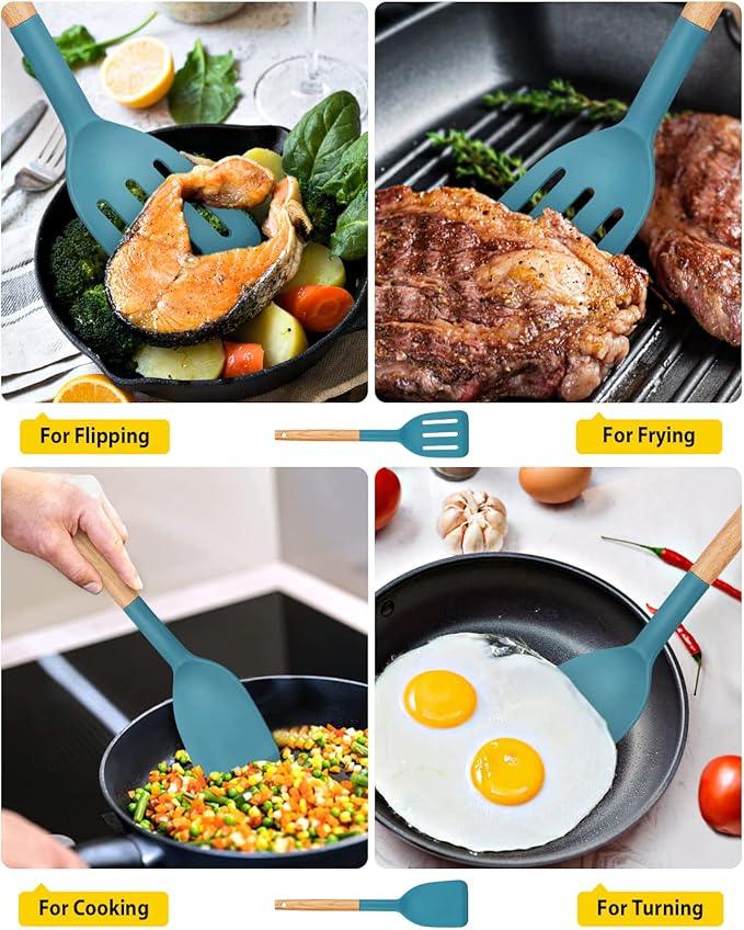 Pack of 2 Silicone Cooking Spatula, Heat Resistant Solid Turner, Non Stick Slotted Spatulas with Wooden Short Handle,Ideal Wood Kitchen Utensils Set for Frying, Baking, Flipping, Turning