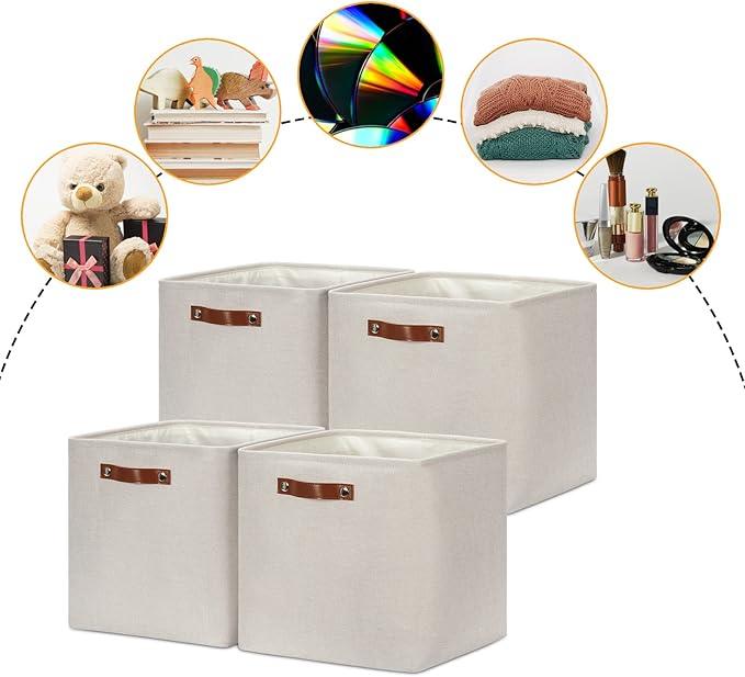 DULLEMELO Storage Bins, 4 Pack Of 13x13x13 Decorative Storage Cube Bins Suit Office, Home, Shelves And Closet, Cube Storage Bin with Leather handle(4 Pack - 13