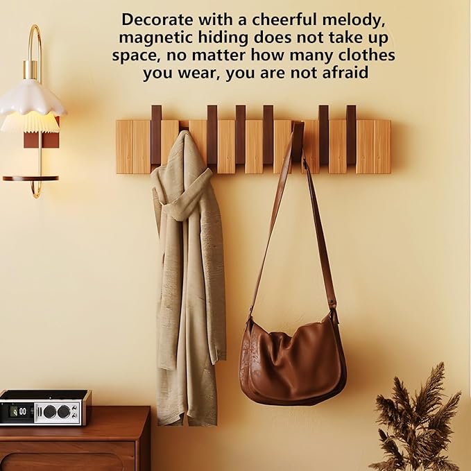 Wall Mounted Piano Key Hanger | Flip Style Hook | Entrance Wall Art Hook, Made of Oak Wood (3 Times Painted, 4 Times Polished) (Walnut-Beech, 4Hooks)