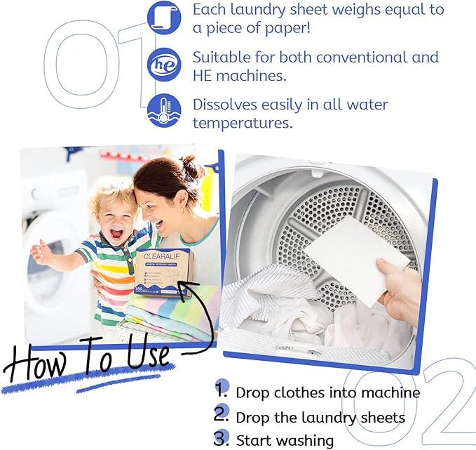 Laundry Detergent Sheets Up to 320 Loads, Fresh Linen - Great For Travel,Apartments, Dorms,CLEARALIF Laundry Detergent Strips Eco Friendly & Hypoallergenic (80 Sheets, Pack of 2)