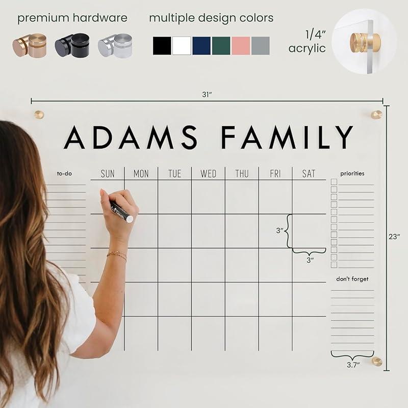 Personalized Clear Acrylic Calendar for Wall, Calendar Whiteboard for Wall, Dry Erase Wall Calendar, Wall Calendar Organizer System for Home (Block, Blush, 31