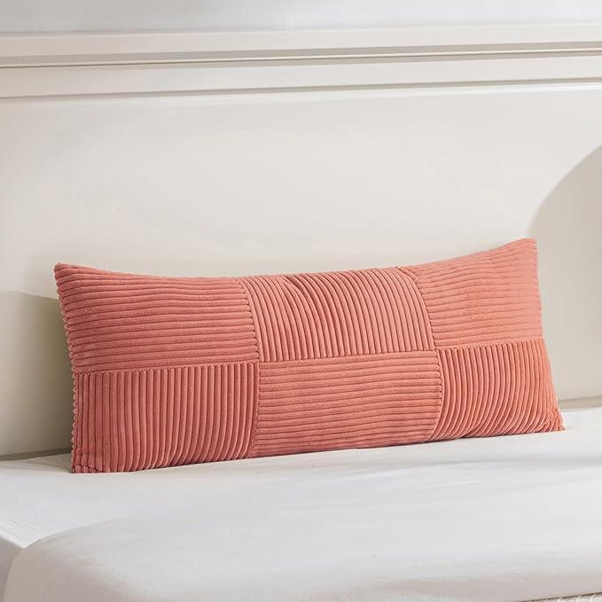 Fancy Homi Set of 2 Coral Boho Long Lumbar Body Decorative Throw Pillow Cover 14x36 Inch for Bed Couch Bedroom Bench, Soft Patchwork Corduroy Textured Pillow Case, Rustic Farmhouse Room Décor